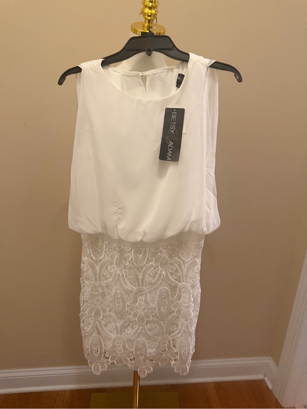 Betsy & Adam White Lace Overlay Blouson Mini Dress